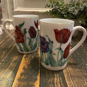 Vintage Otagiri Sheila Brown Tulips Red Purple Coffee Mugs with gold rim
